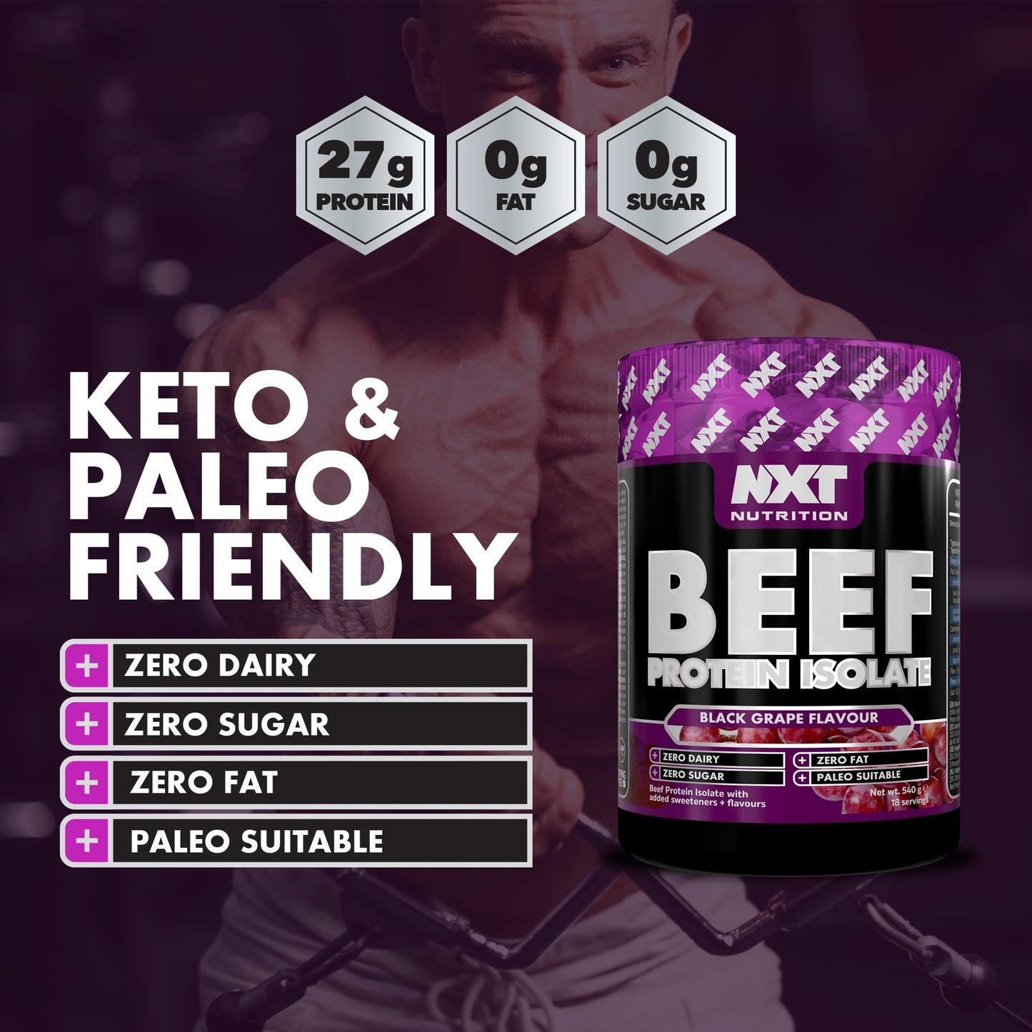 NXT Nutrition NXT Beef Protein Isolate 540g - High Protein Powder in Natural Amino Acids - Paleo, Keto Friendly - Dairy and Gluten Free | 540g (Black Grape)