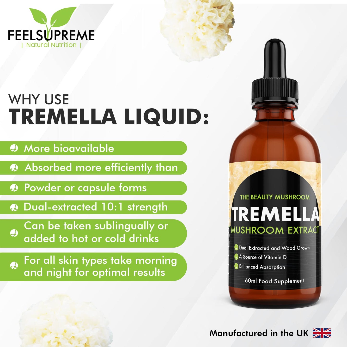 Feel Supreme - Tremella Liquid Extract - Wood Grown Mushroom Extract Supplement for Skin Health and Hydration - Mushroom Supplement, Mushroom Gifts, Supplements for Men and Women - 60ml