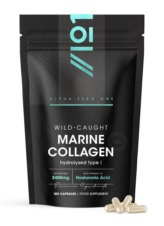 ALPHA01 Marine Collagen Capsules 2400mg - Wild Caught with Hyaluronic Acid & Vitamin C - 180 Capsules (Not Collagen Powder/Collagen Tablets) - Collagen Complex for Skin Joints & Hair for Women & Men