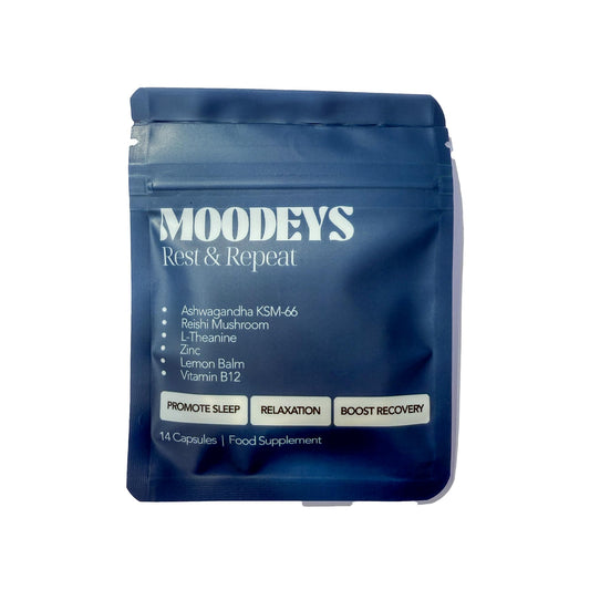 Moodeys Rest & Repeat, Organic Natural Sleep Supplement | Deep Sleep & Recovery | Functional Mushrooms & Adaptogens | Reishi Mushroom (5,250mg), Ashwagandha KSM-66 (4,800mg), Lemon Balm & L-Theanine