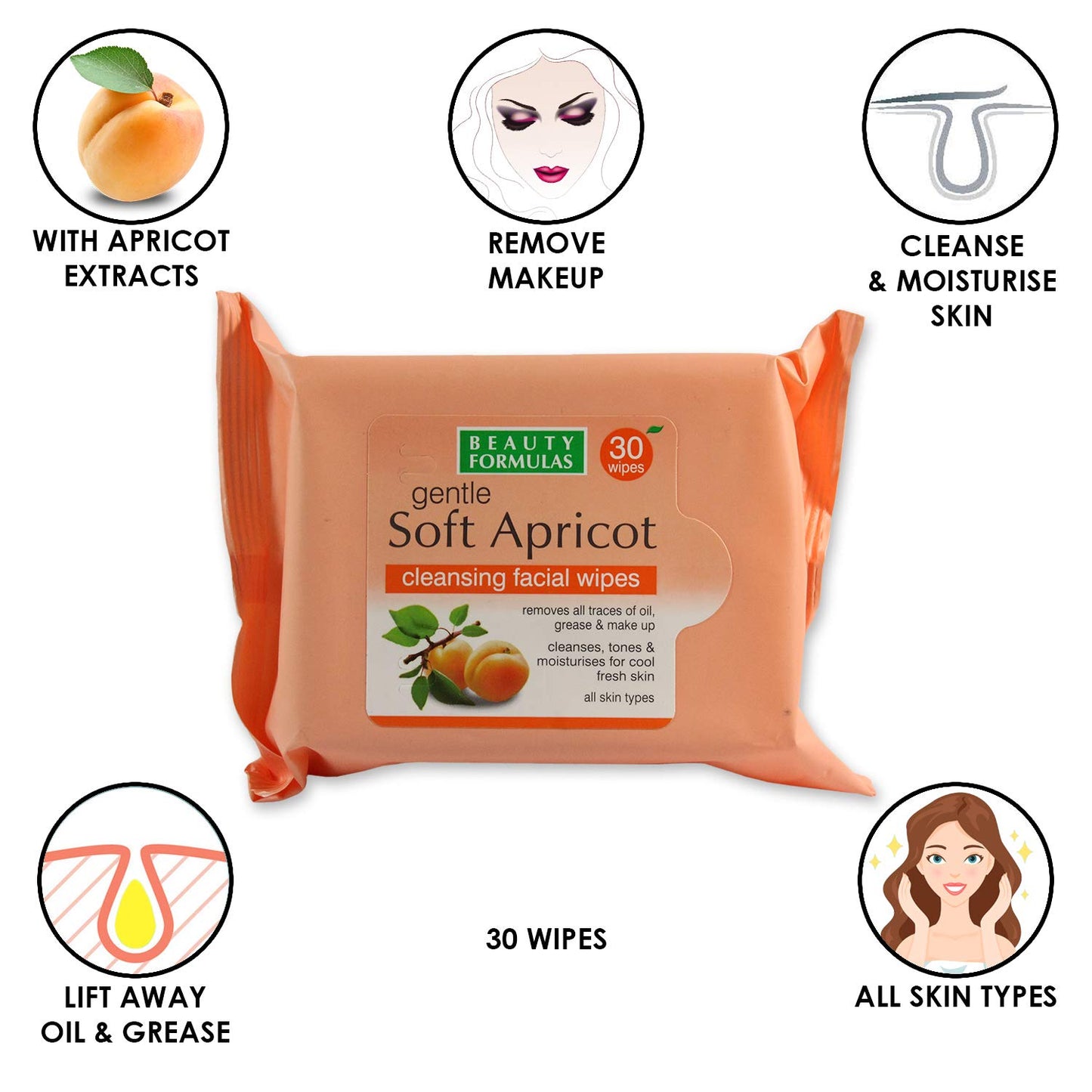 Beauty Formulas Gentle Soft Apricot Cleansing Facial Wipes 30'S