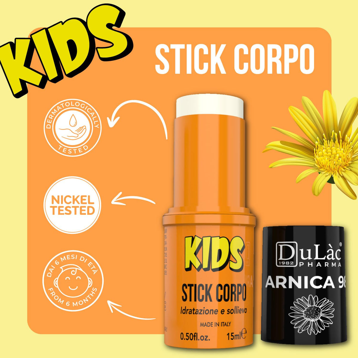DULÀC FARMACEUTICI 1982 Dulàc - Arnica Stick Kids Body Relief 15 ml, 99% Natural Arnica Cream for Children 6+ Months, Balm for Bruises and Swelling, 70% Arnica Salve Enriched with Aloe, Nickel Tested, Pocket Size