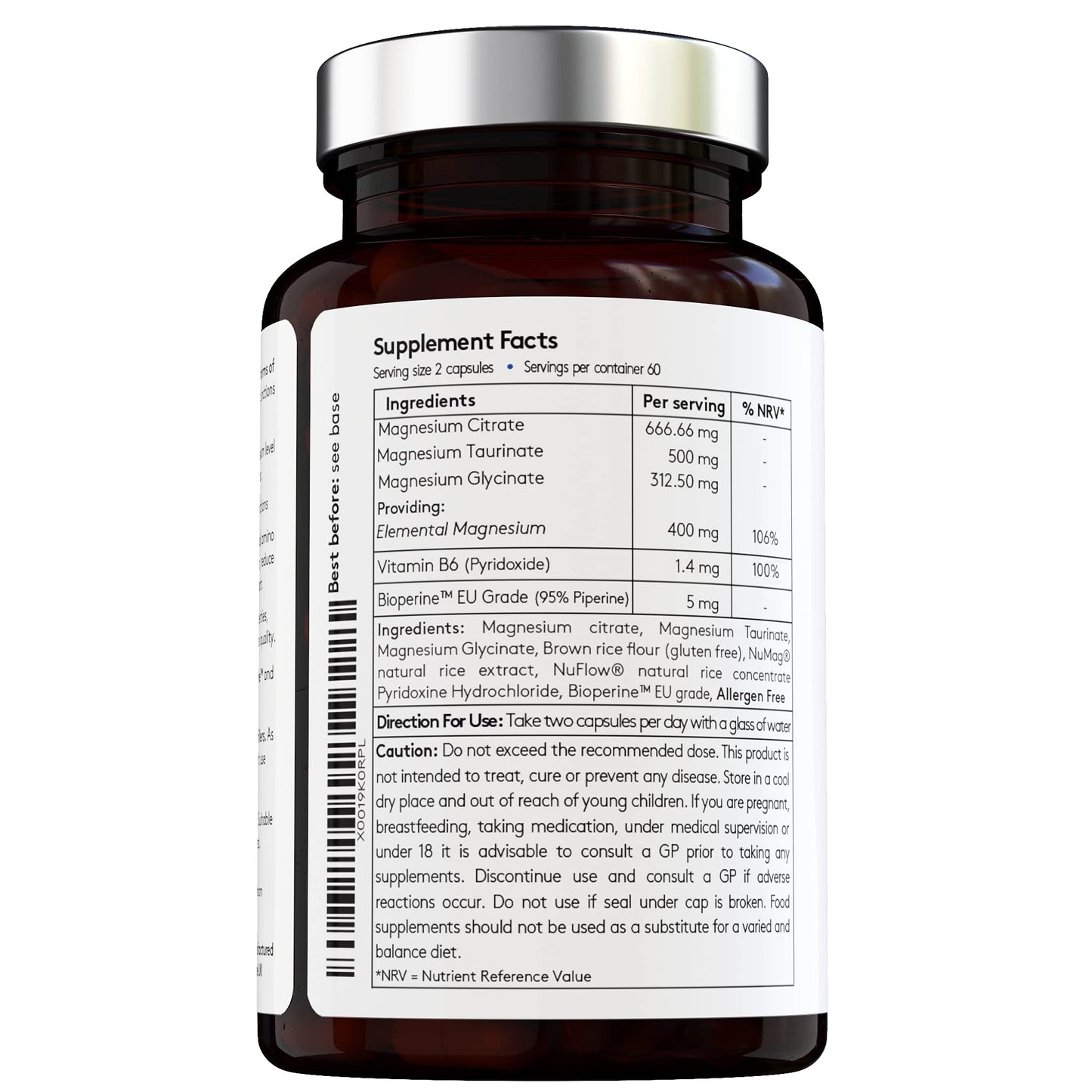 Complex Triple Action Formula - Magnesium Citrate + Glycinate + Taurate and Vitamin B6 with Bioperine for Maximum Absorption - Max Potency - Premium Ingredients - Vegan - Made in The UK