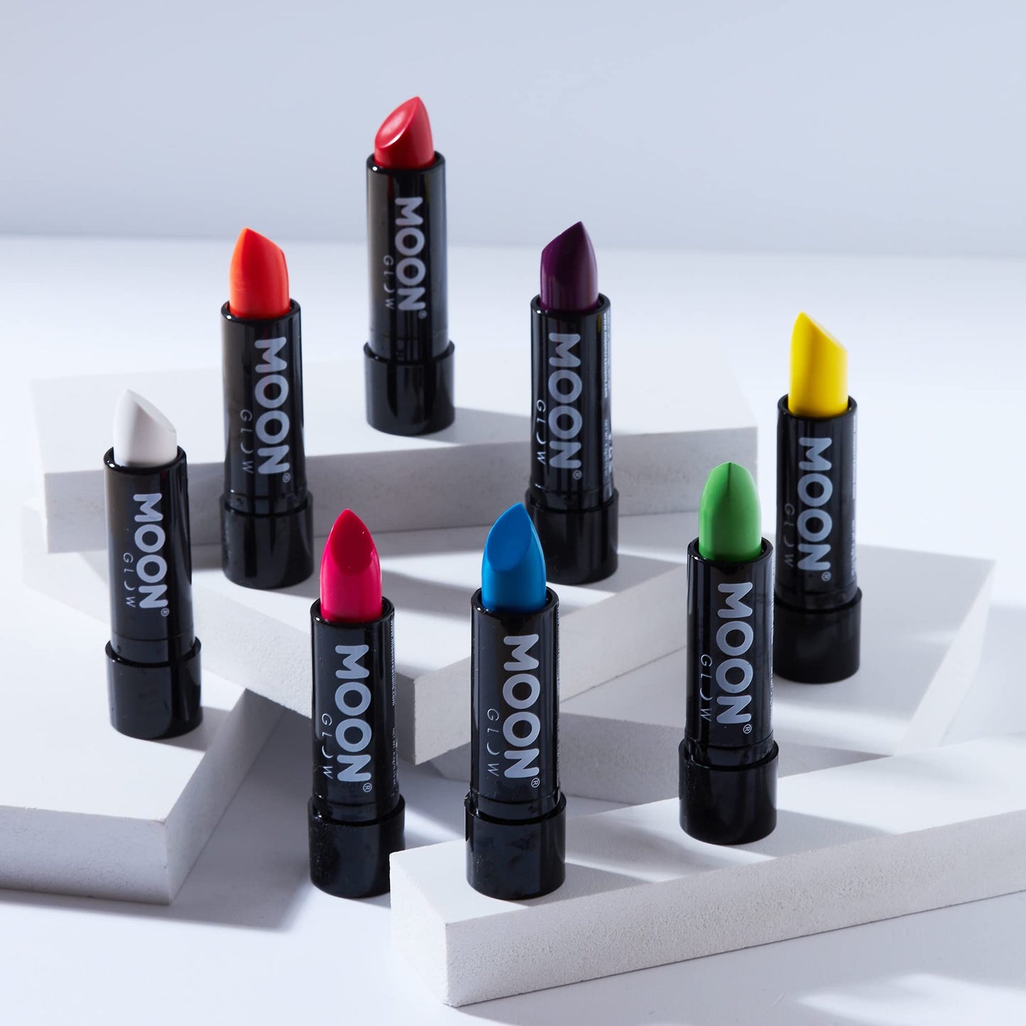 Neon UV Lipstick by Moon Glow - Intense set of 8 colours - Bright Neon Coloured Lipstick - Glows under UV
