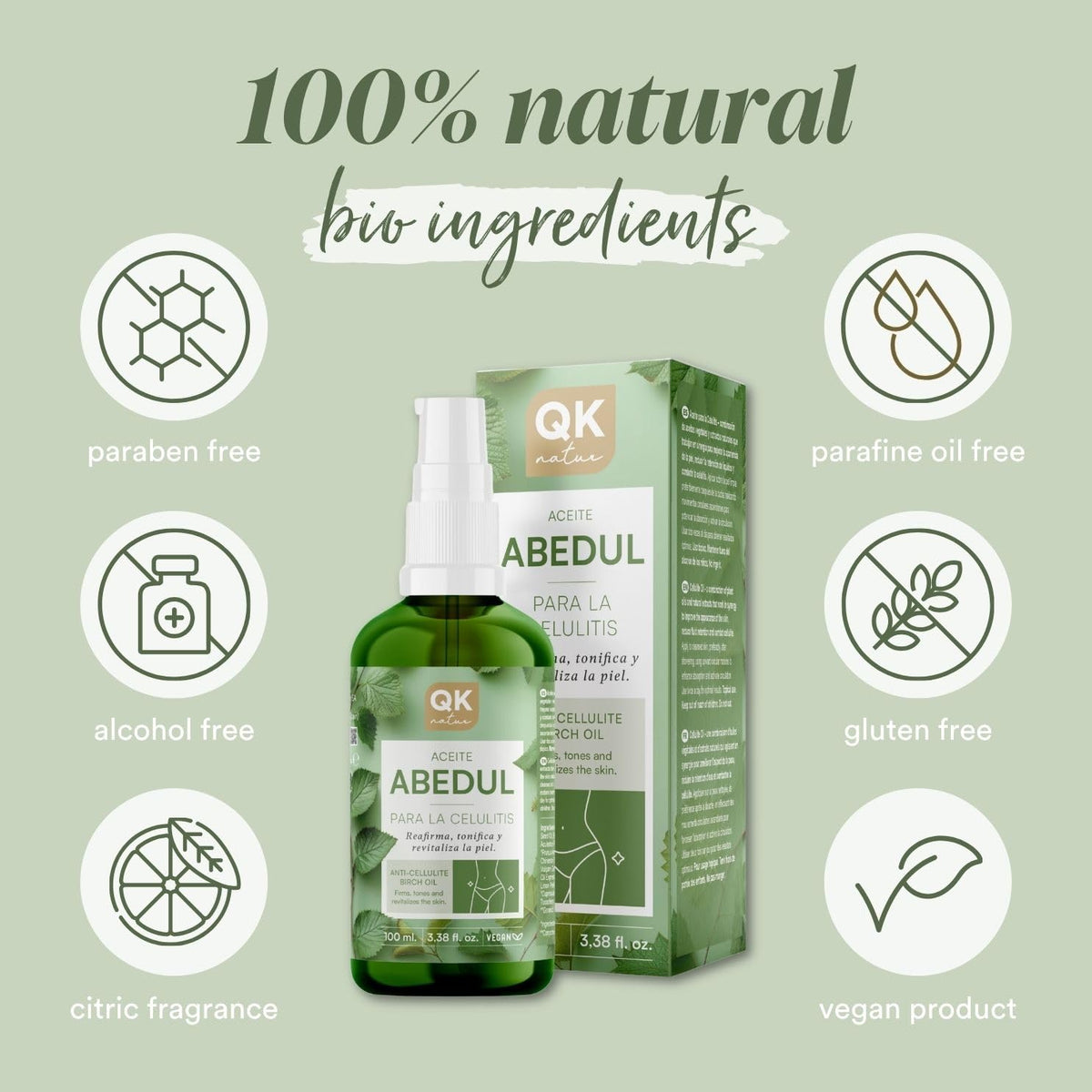 QKnatur - Birch Oil for Cellulite - 100 ml - With Natural Extracts - Tones, Firms, Moisturizes and Revitalizes the Skin - Improves Elasticity
