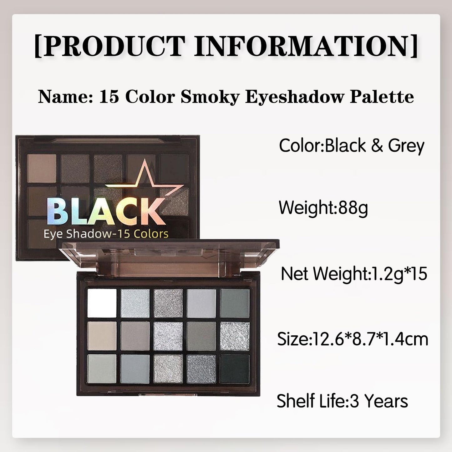 GEEWHILE Eyeshadow Palettes, Black Smokey Eye Shadow Pallets For Women, 15 Colors Glitter & Matte Black Silver Gray White Eyeshadow, Long Lasting Highly Pigmented Eyeshadow Makeup Kits