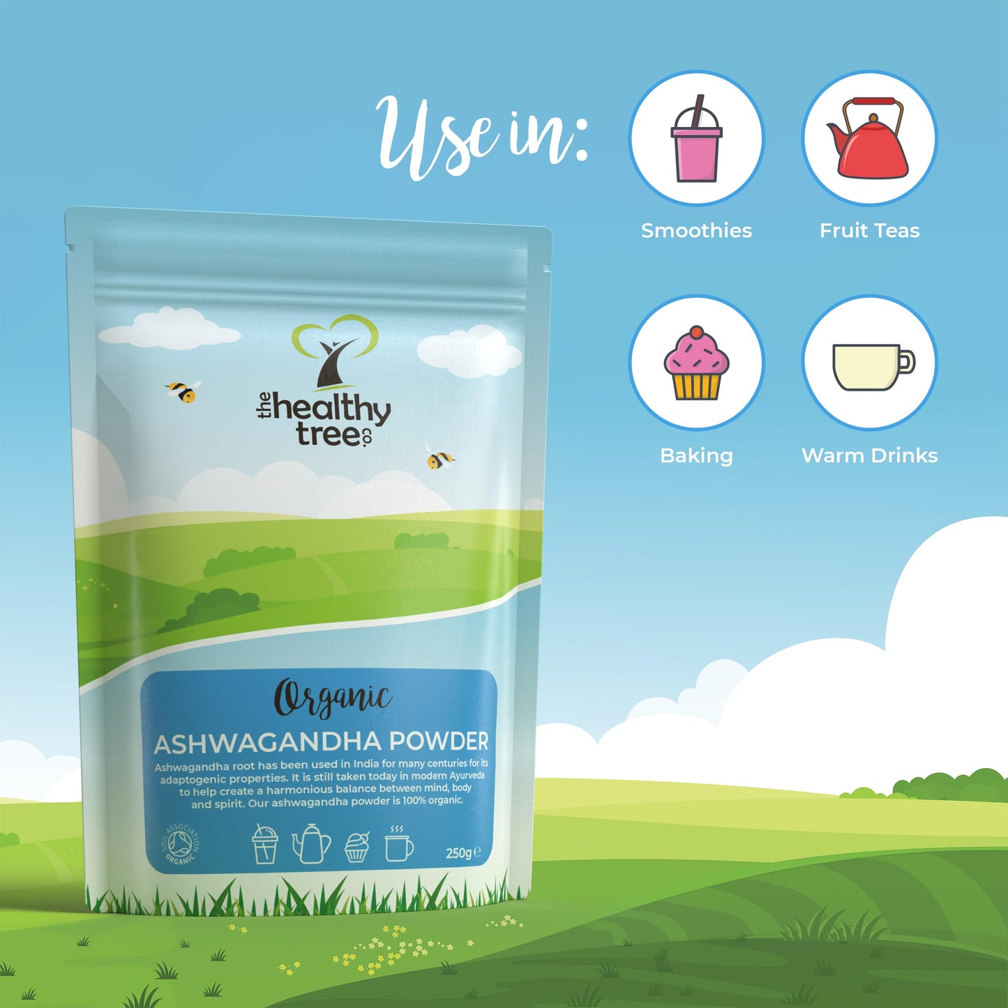 Organic Ashwagandha Powder - Raw Vegan Ashwagandha Root Powder by TheHealthyTree Company - Certified Organic Natural Stress Relief and Energy Support, Non-GMO & Gluten Free (250g)