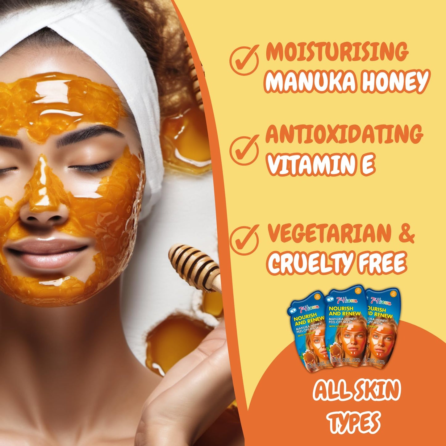 7th Heaven Manuka Honey Peel Off Face Mask with Vitamin E, Pack of 6 - Nourish and Renew - All Skin Types