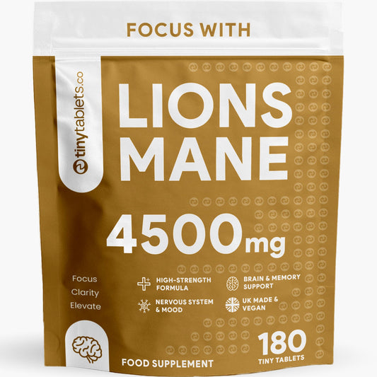 tinytablets.co Lions Mane 4500mg Supplement with Black Pepper Powder | 180 Tablets | Womens and Mens Supplements | UK-Made Lions Mane Supplement for Stress Relief | Science-Backed and Tested Lions Mane Capsules