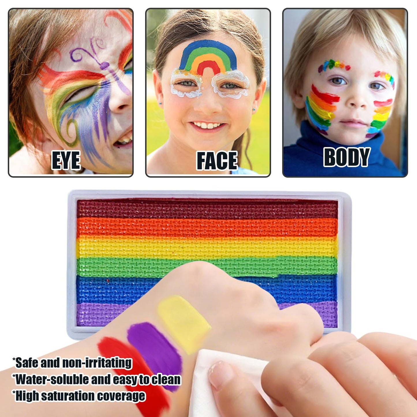 Lubarion Rainbow Face Paint for Kids and Adults, 50g Professional Body Paint Palette, Skin-Friendly Makeup for Face Painting, Festivals, Parties, Halloween, Cosplay, Easy to Apply & Remove
