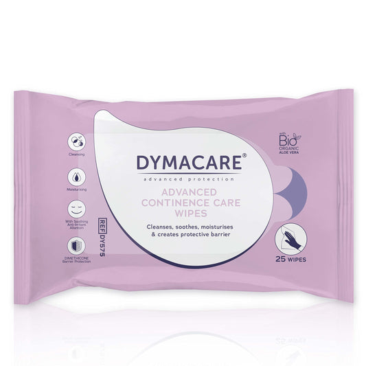 Dymacare DYMACARE Advanced Continence Care Wipes | Adult Premium Disposable Incontinence Skin Cleansing Cloths with Barrier Cream & Aloe Vera | 1 Pack of 25 Wipes