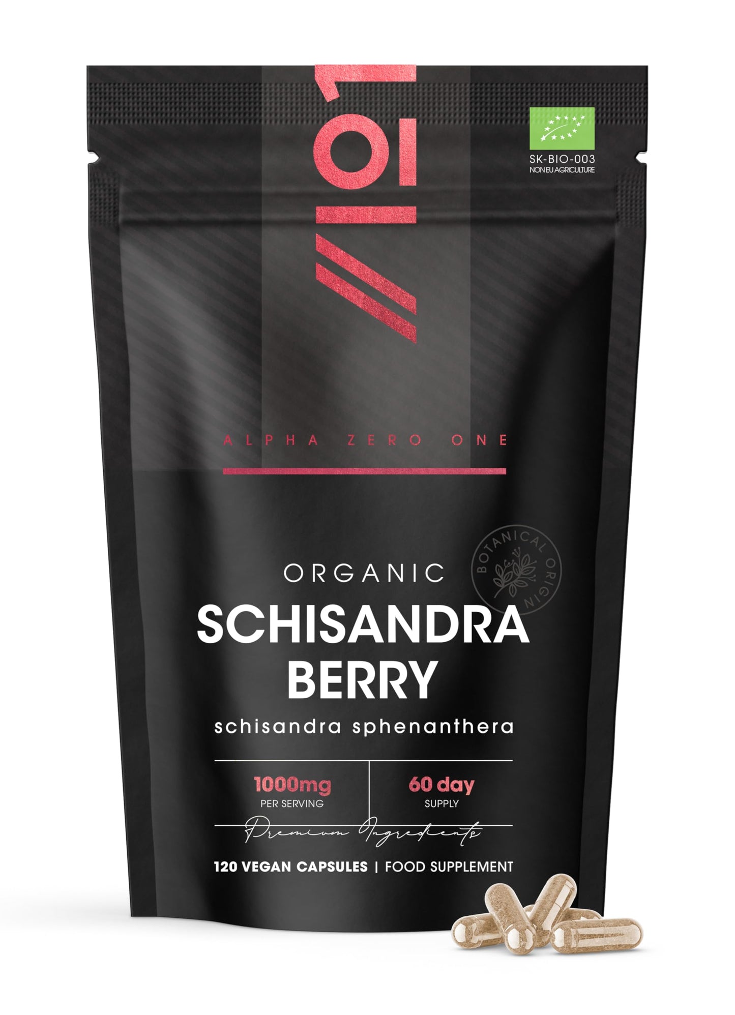 ALPHA01 Organic Schisandra Berry 1000mg – High Strength Formula - 120 Vegan Capsules – Resealable and Recyclable Pouch by Alpha01