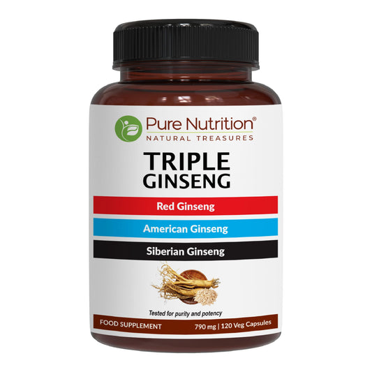 Pure Nutrition Triple Ginseng - A Unique and Effective Combination of Red Ginseng, American Ginseng, and Siberian Ginseng | Energy Supplement | 790mg Capsule | 120 Veg Capsules