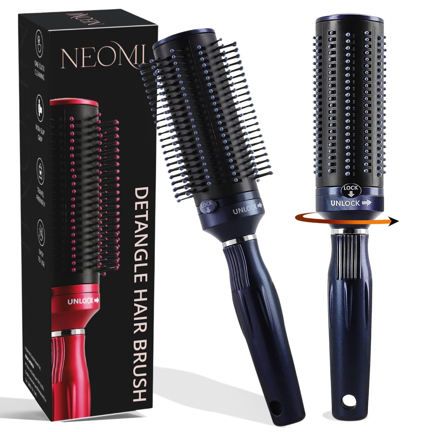 TJC Retractable Detangle Hair Brush for Curly Hair, Straight Hair & Wet Hair | Detangling Round Hairbrush for Blow Dry | Soft Bristle for Long, Thick & Curly Hair | Easy Clean Travel Brush - Navy Blue