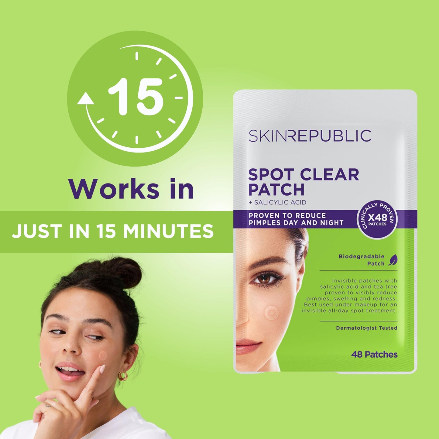 Skin Republic Face Spot Clear Patches (48 x Patches) | Acne Treatment with Salicylic Acid | Clears Spots, Blemishes And Pimples Overnight