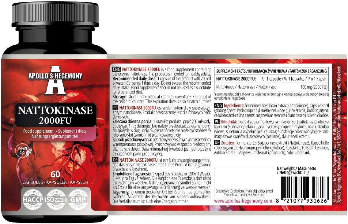 APOLLO'S HEGEMONY Nattokinase High Strength 100mg (2000 FU) - 60 Vegan Capsules - 2 Months Supply - Enzymes from Fermented Soybeans - Supplement to Support Circulation Health - by Apollo's Hegemony