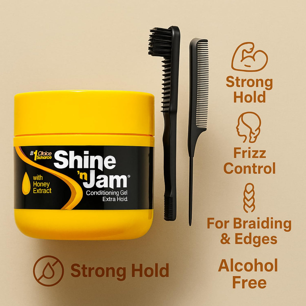 GOMARKET® Ampro Shine N Jam Braiding Gel Extra Hold 113.5g + 3pcs Slick Back Hair Brush Set | Styling Gel for Curly Hair, Edge Control Gel, Hair for Braiding, Curl Jelly, Afro Hair Products