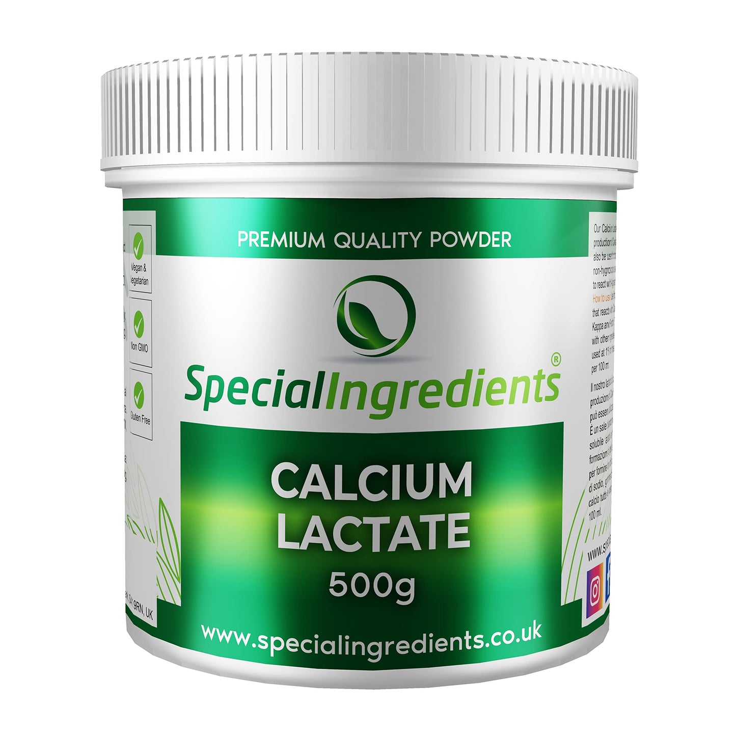 SPECIAL INGREDIENTS Calcium Lactate Powder 500g Premium Quality - Vegan & Vegetarian, Non-GMO, Gluten Free - Recyclable Container