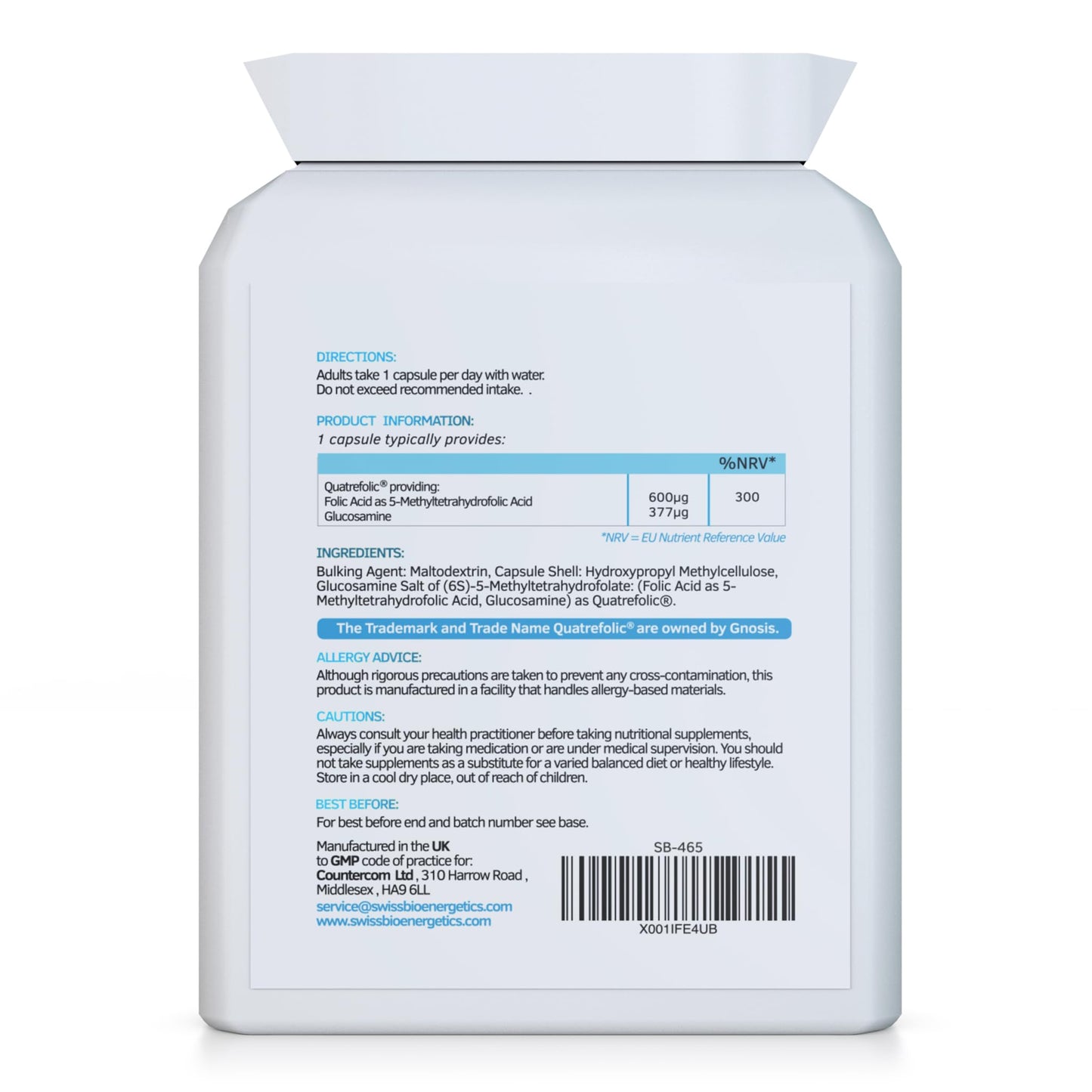 swiss bioenergetics Methyl Folate 600µg - 90 Capsules as Quatrefolic 5-MTHF Supplement 6S-5-methyltetrahydrofolate – the 4th Generation of Folate a Highly biologically Active Form of Folic Acid/Vitamin B9 - UK Made