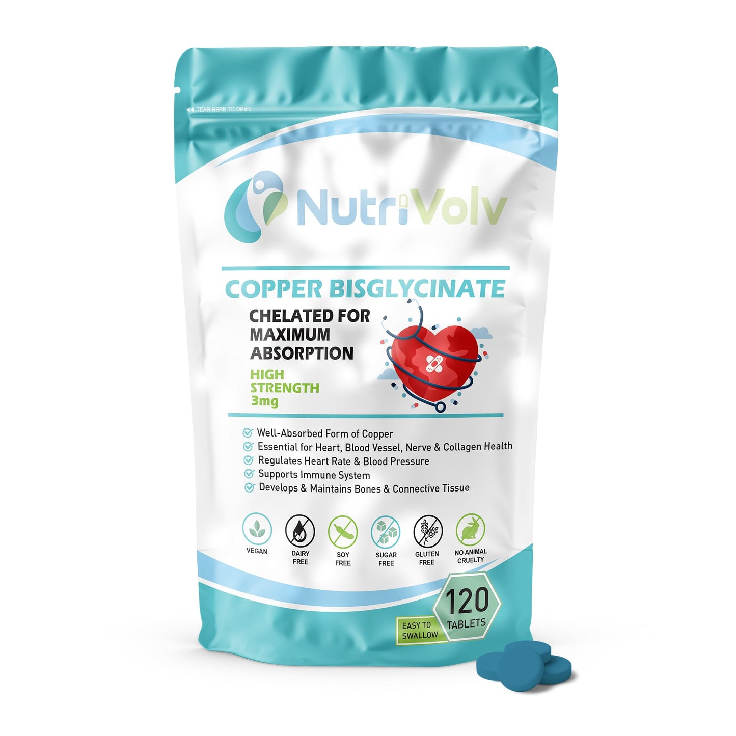 NutriVolv Copper Bisglycinate 3mg Vegan Chelated Cu for Healthy Heart and Improved Immune System, UK Made Pills for Men and Women - 120 Tablets