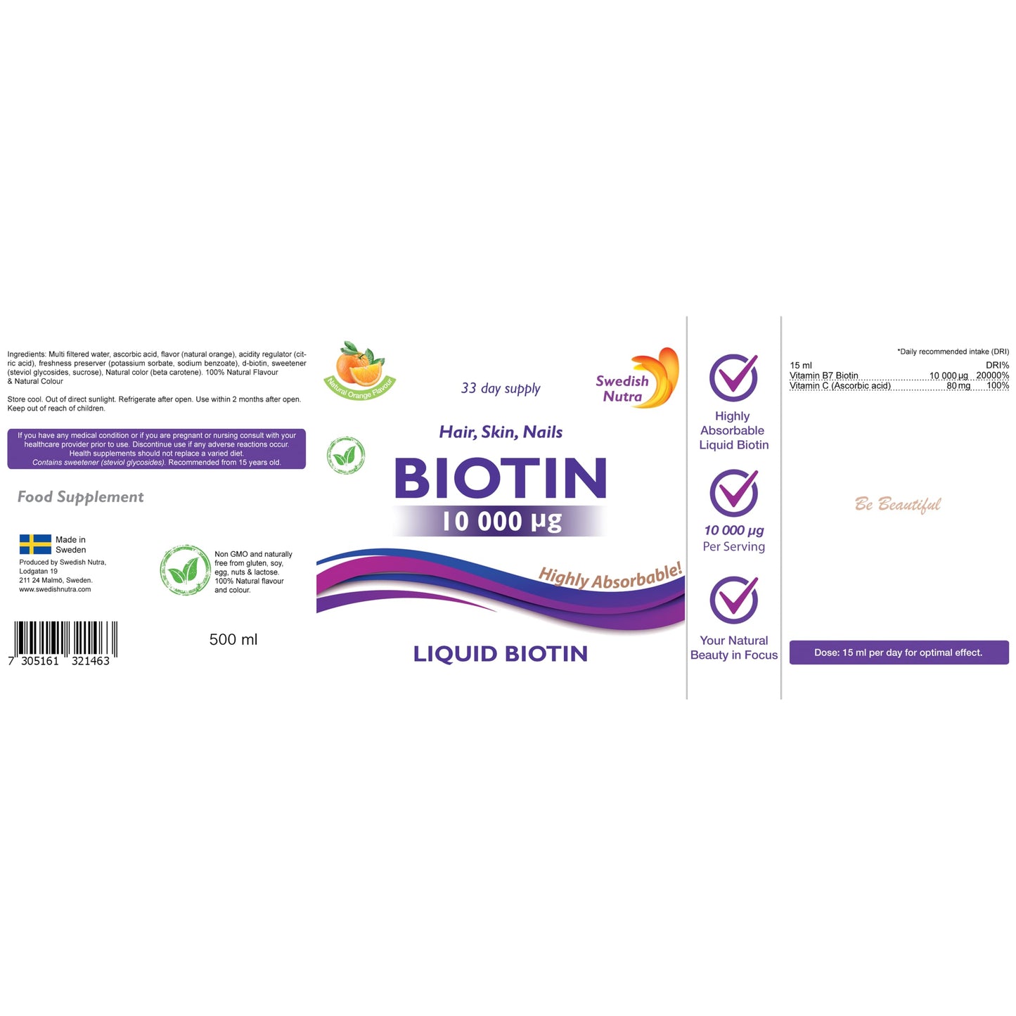 Swedish Nutra - Biotin 10,000 UG Liquid Supplement - Pack of 500 ml, 33 Day Supply | Plus Vitamin C for Healthy Hair, Skin & Nails | Vegan & Gluten Free | 100% Natural Orange Flavour