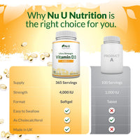 Nu U Nutrition - Vitamin D 4000IU - 365 Softgel Capsules not Tablets - 1 Year Supply - Quadruple Strength - Easy to Swallow - Cholecalciferol Form Vitamin D3 Supplement - Made in the UK