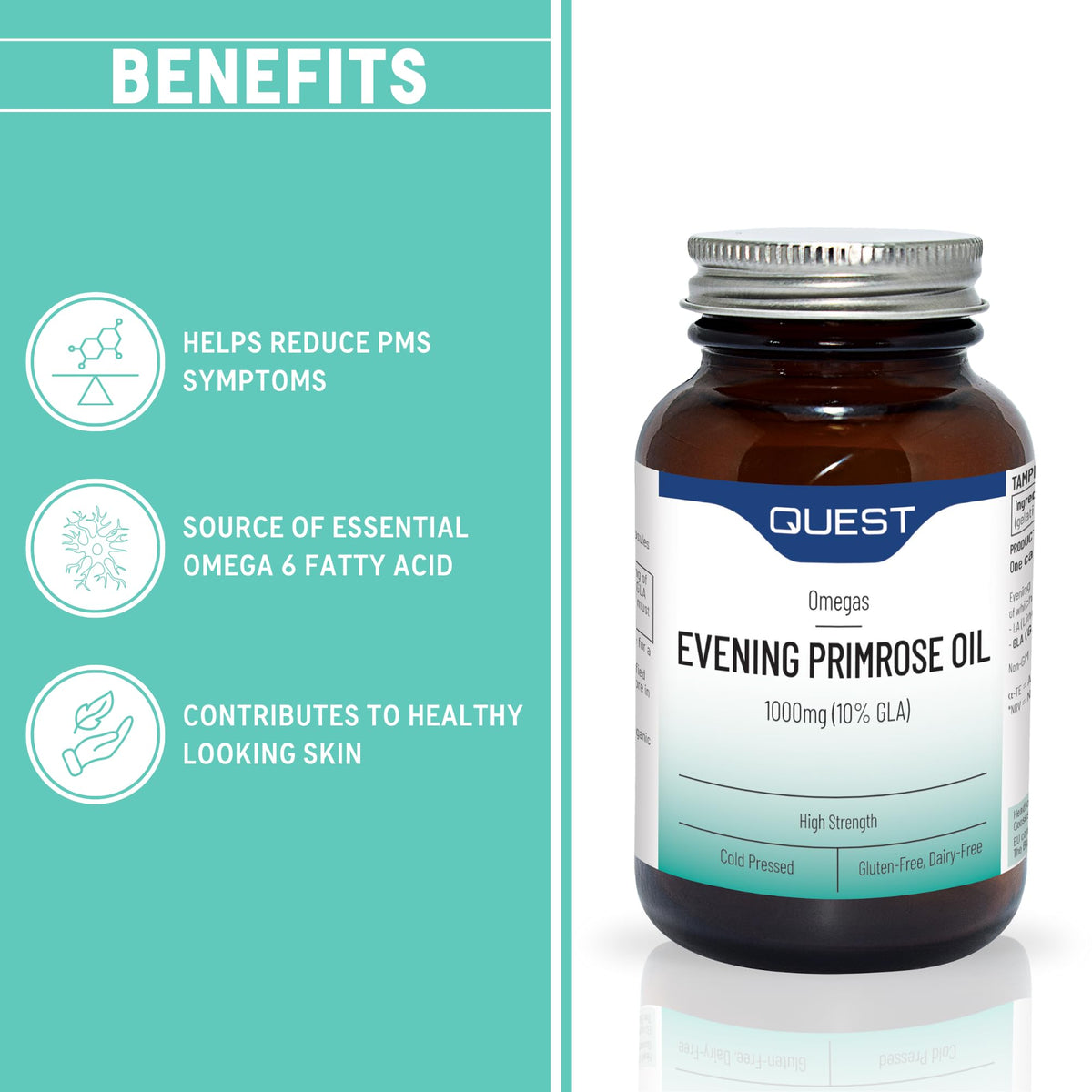 Quest Evening Primrose Oil 1000mg - 90x Primrose Oil Capsules 1000mg for Skin Support & Hormonal Balance. Cold Pressed Primrose Oil with 10% (100mg) GLA per 1000mg Capsule