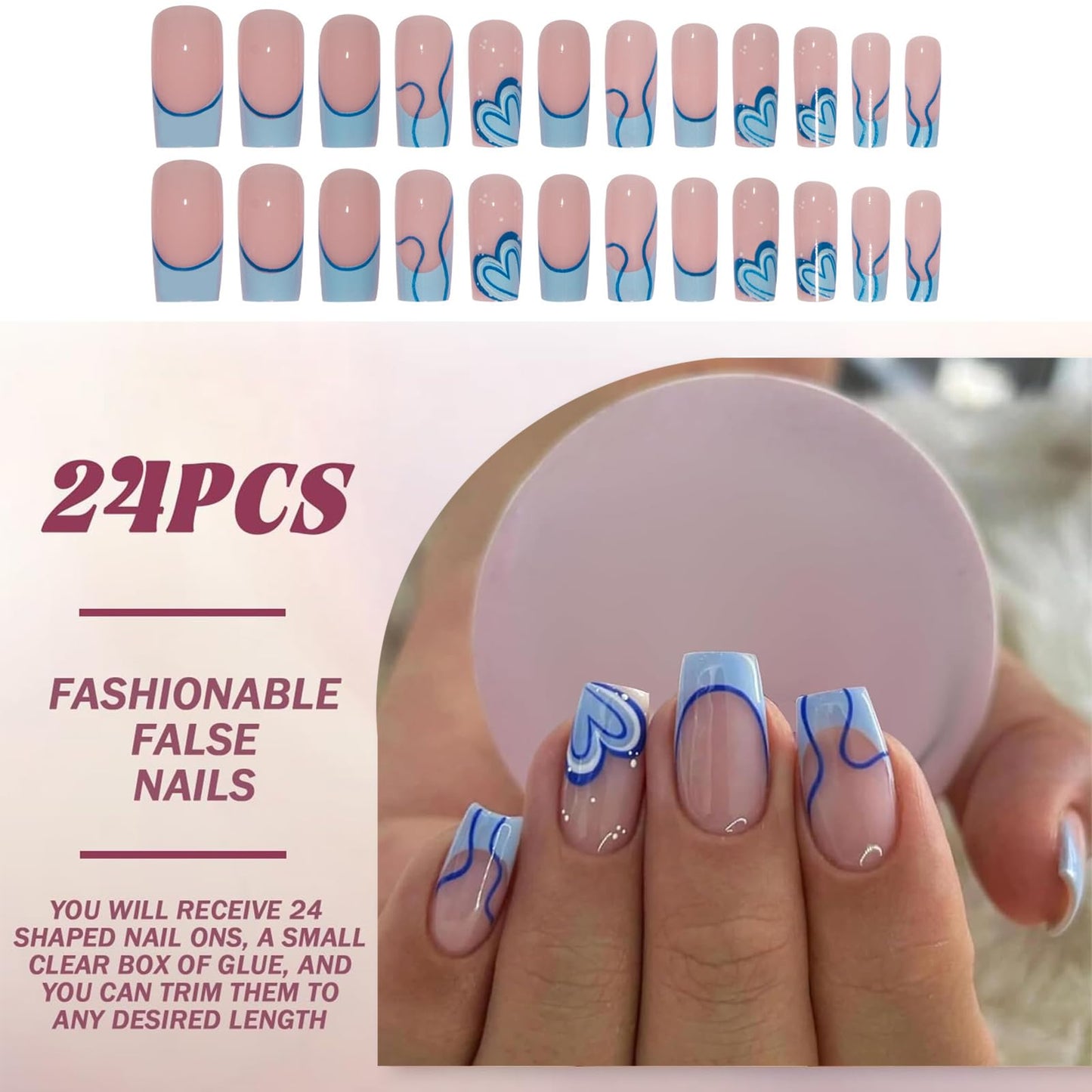 Mikloven 24PCS Blue Geometric French Tip Press-On Nails With Jelly Glue & Applicator Tool - Short Square Reusable Acrylic False Nail Kit For Women - Eco-Friendly Durable Multi-Size Manicure Set