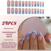 Mikloven 24PCS Blue Geometric French Tip Press-On Nails With Jelly Glue & Applicator Tool - Short Square Reusable Acrylic False Nail Kit For Women - Eco-Friendly Durable Multi-Size Manicure Set