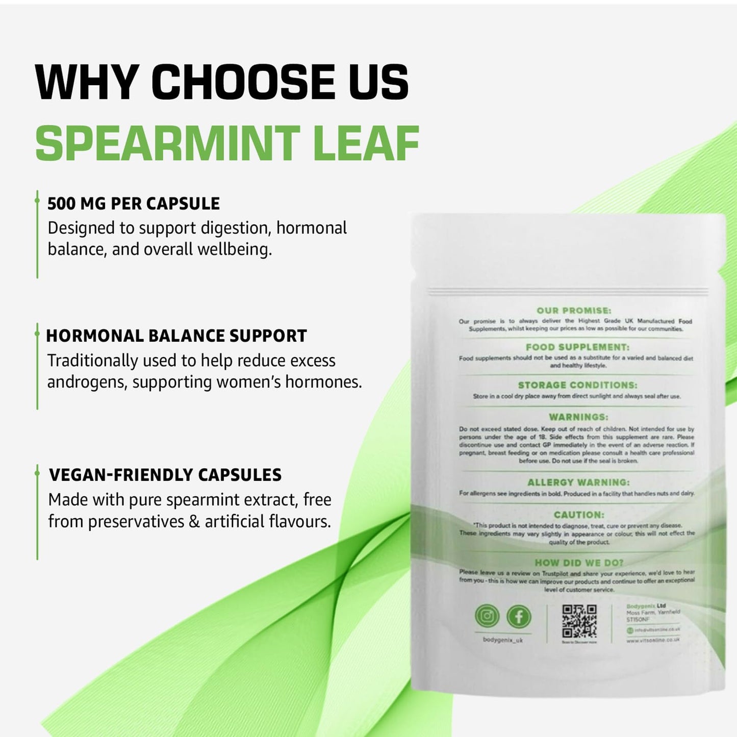 Bodygenix Spearmint Leaf Capsules - 500mg Hormonal Balance Digestive Health Fatigue & Stress Relief Support Antioxidant Formula Natural Food Supplement - 120 Capsules 4 Month Supply