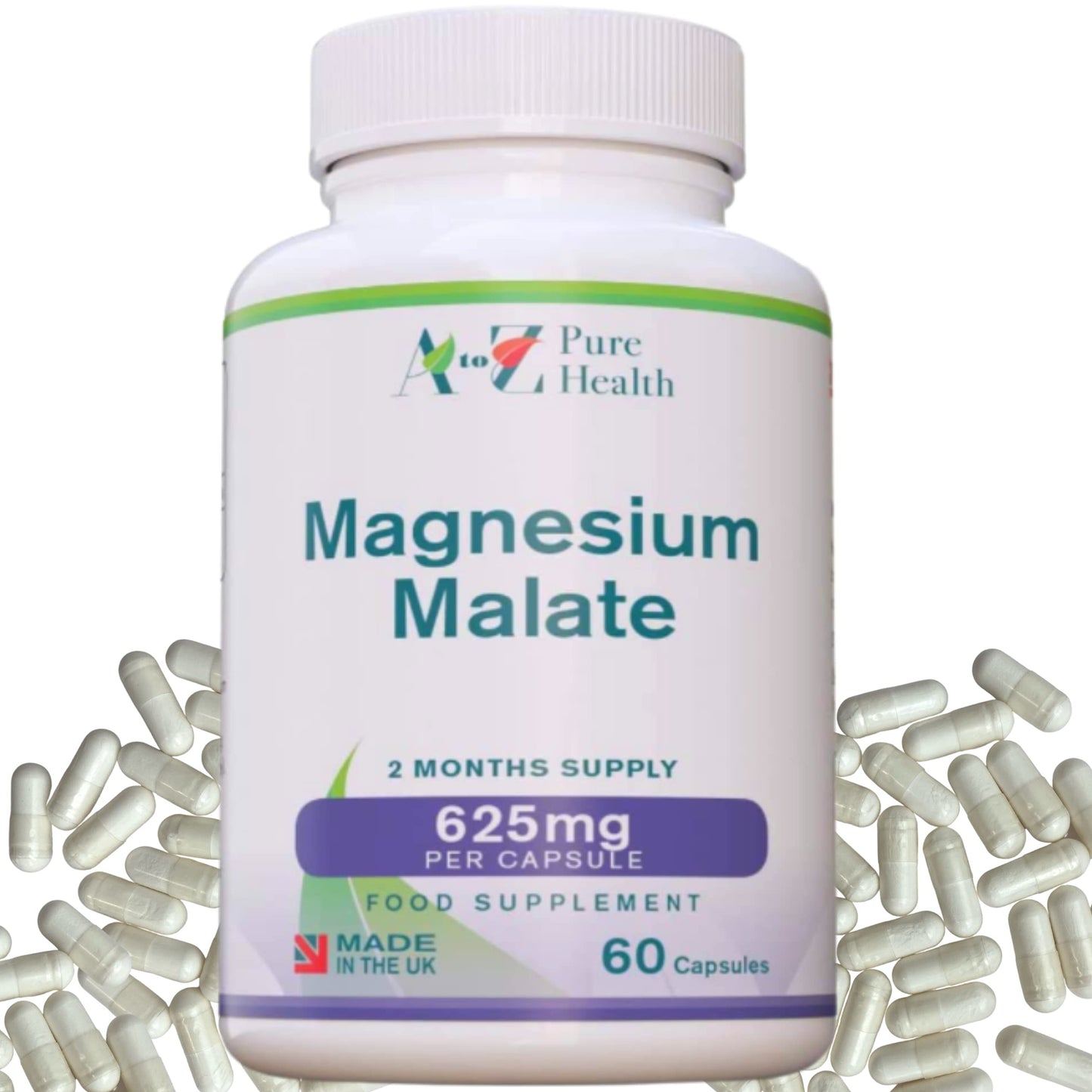 Magnesium Malate Capsules | High Absorption, Premium Magnesium Malate 625mg Supplement | 60 Easy to Swallow Capsules (2 Months Supply) | Supports Energy Levels, Heart Health, Muscle Function | UK Made