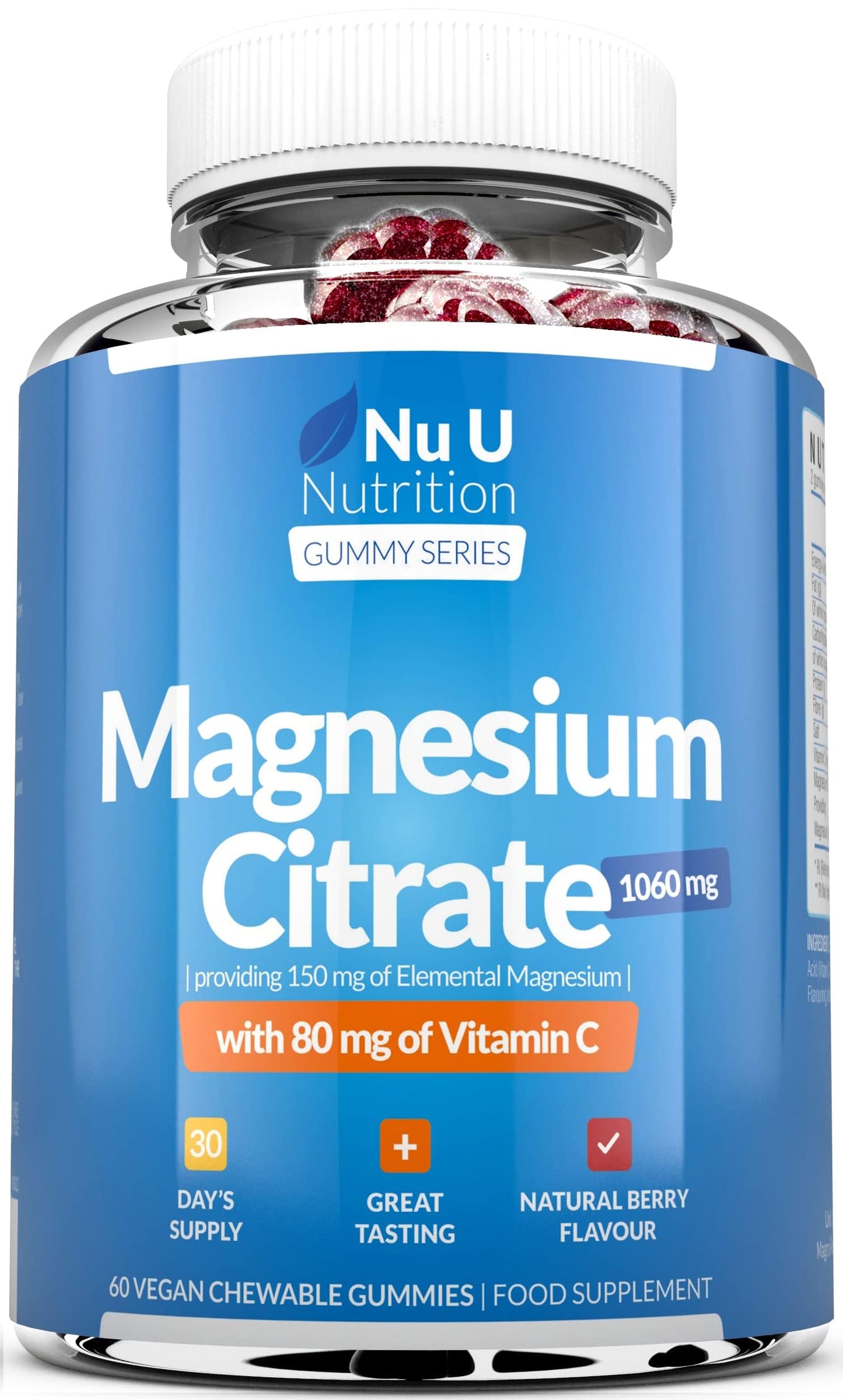 Nu U Nutrition Magnesium Gummies 1060mg for Adults and Kids (5+) - 60 Vegan Gummies - Berry Flavour - Providing 150mg of Elemental Magnesium & 80mg of Vitamin C - Magnesium Citrate Supplement