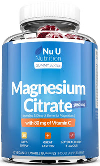 Nu U Nutrition Magnesium Gummies 1060mg for Adults and Kids (5+) - 60 Vegan Gummies - Berry Flavour - Providing 150mg of Elemental Magnesium & 80mg of Vitamin C - Magnesium Citrate Supplement