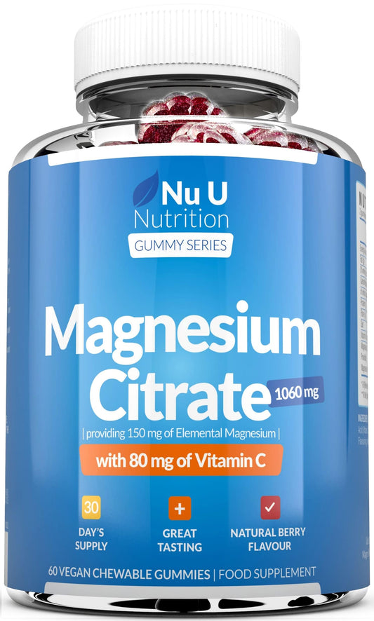 Nu U Nutrition Magnesium Gummies 1060mg for Adults and Kids (5+) - 60 Vegan Gummies - Berry Flavour - Providing 150mg of Elemental Magnesium & 80mg of Vitamin C - Magnesium Citrate Supplement
