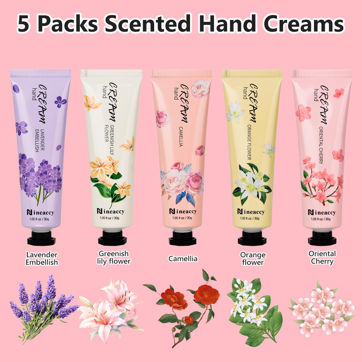 Nineaccy Floral assorted Hand Cream Set, 5 x 30ml，Pack of 5，Friendly to all skin，Gifts for Women, Mother's Day Gifts
