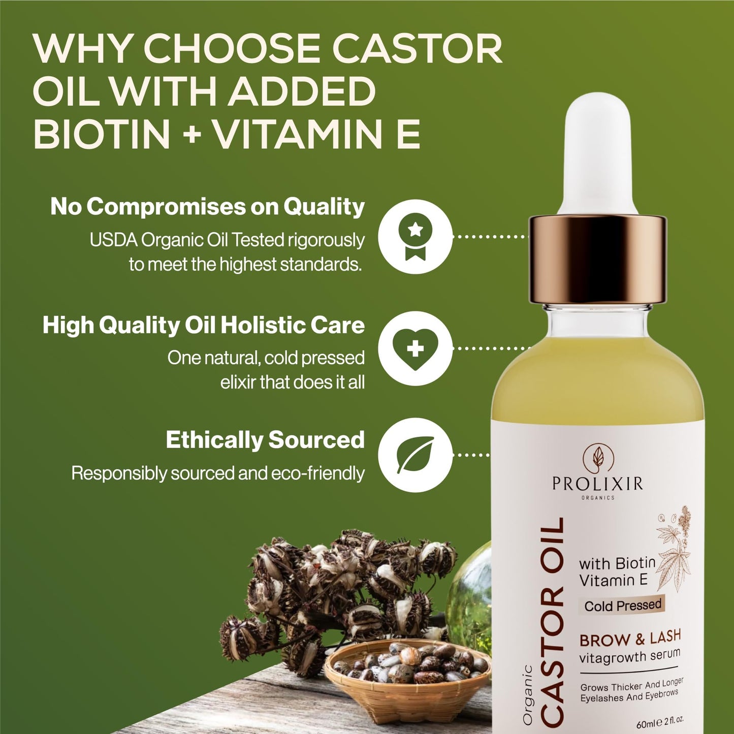 Organic Castor Oil with Biotin & Vitamin E Serum for Eyebrows, Eyelashes, Hair, Nails & Skin - Revitalises Hair & Scalp, Thicker Brows and Lashes, Stronger Nails, Softer Skin.