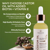 Organic Castor Oil with Biotin & Vitamin E Serum for Eyebrows, Eyelashes, Hair, Nails & Skin - Revitalises Hair & Scalp, Thicker Brows and Lashes, Stronger Nails, Softer Skin.