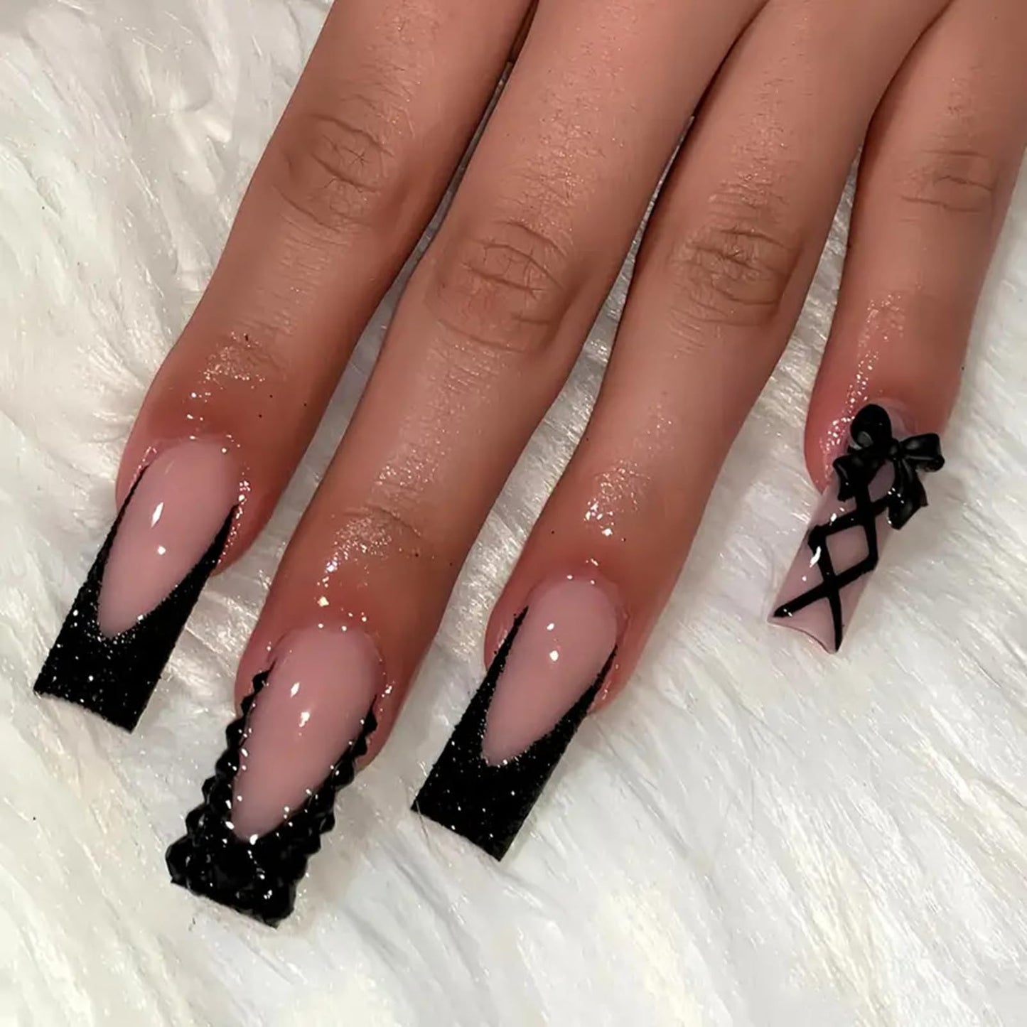 Generic 24PCS Black French Square Press On Nails with Rhinestones & 3D Bow Design -Glamorous Lace-Up Look, 12 Sizes, – Elegant Reusable
