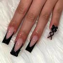 Generic 24PCS Black French Square Press On Nails with Rhinestones & 3D Bow Design -Glamorous Lace-Up Look, 12 Sizes, – Elegant Reusable