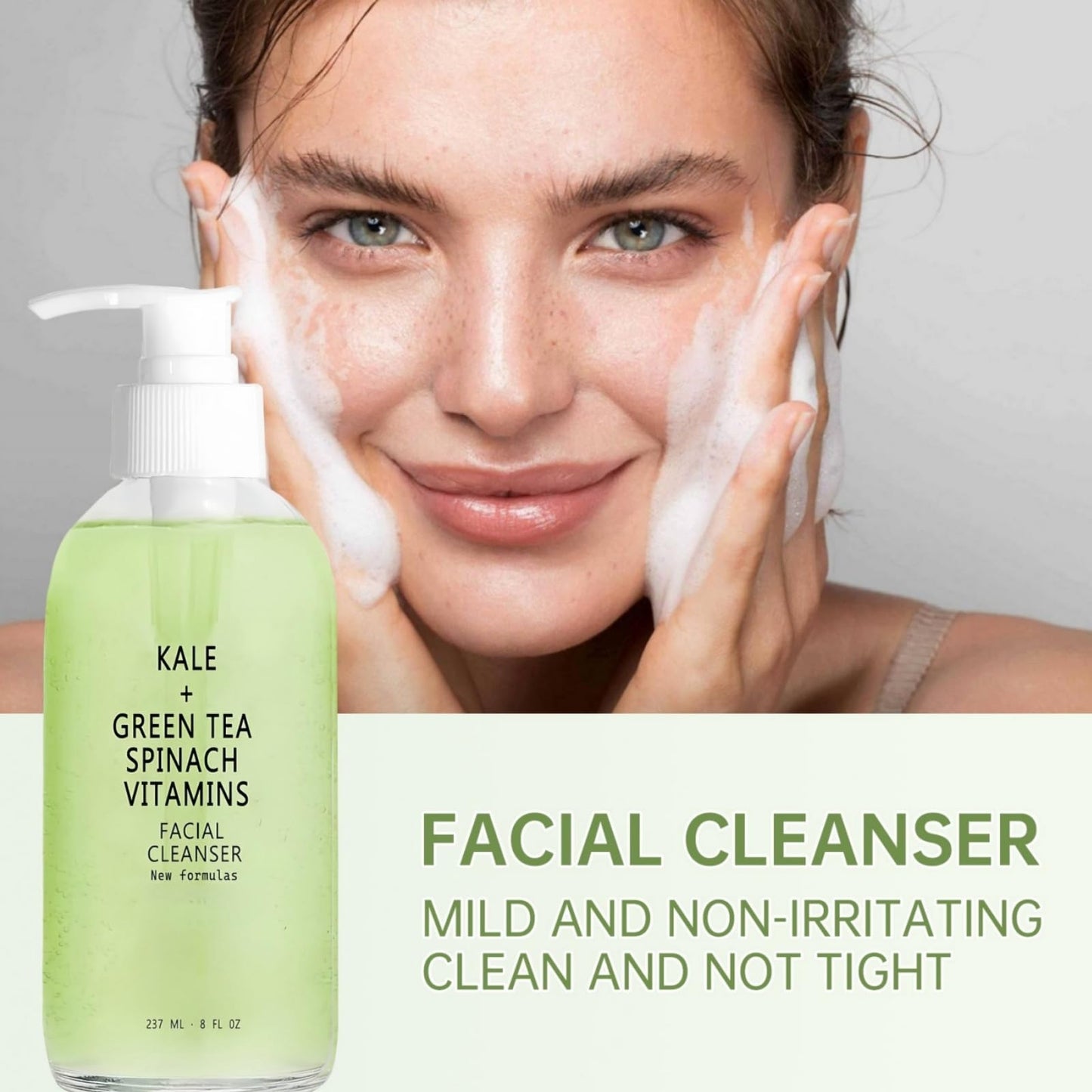 SingHao Kale + Green Tea Face Cleanser,Kale and Green Tea Spinach Vitamin Cleanser,Green Tea Foam Cleanser,Natural Face Wash for Deep Cleansing,Green Tea Age Prevention Cleanser,Gentle Facial Cleanser