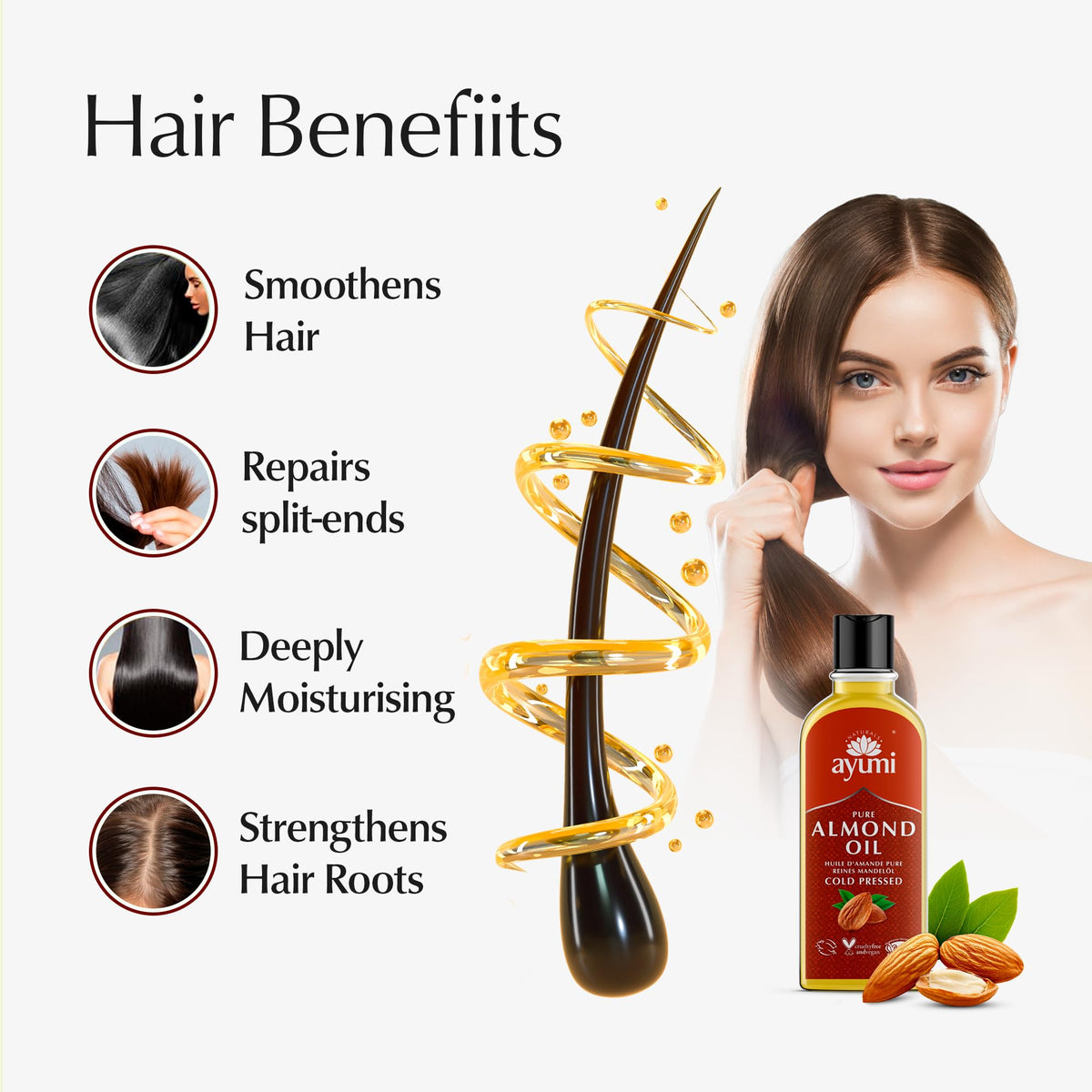 Ayumi Pure Sweet Almond Oil with Vitamin E | Hydrating Hair Oil for Dry Hair | AlmondOil for Skin Dryness | Anti-Ageing FaceOil | Body Oil for Dry Skincare | Beard Oil for Grooming | 2 x 150ml