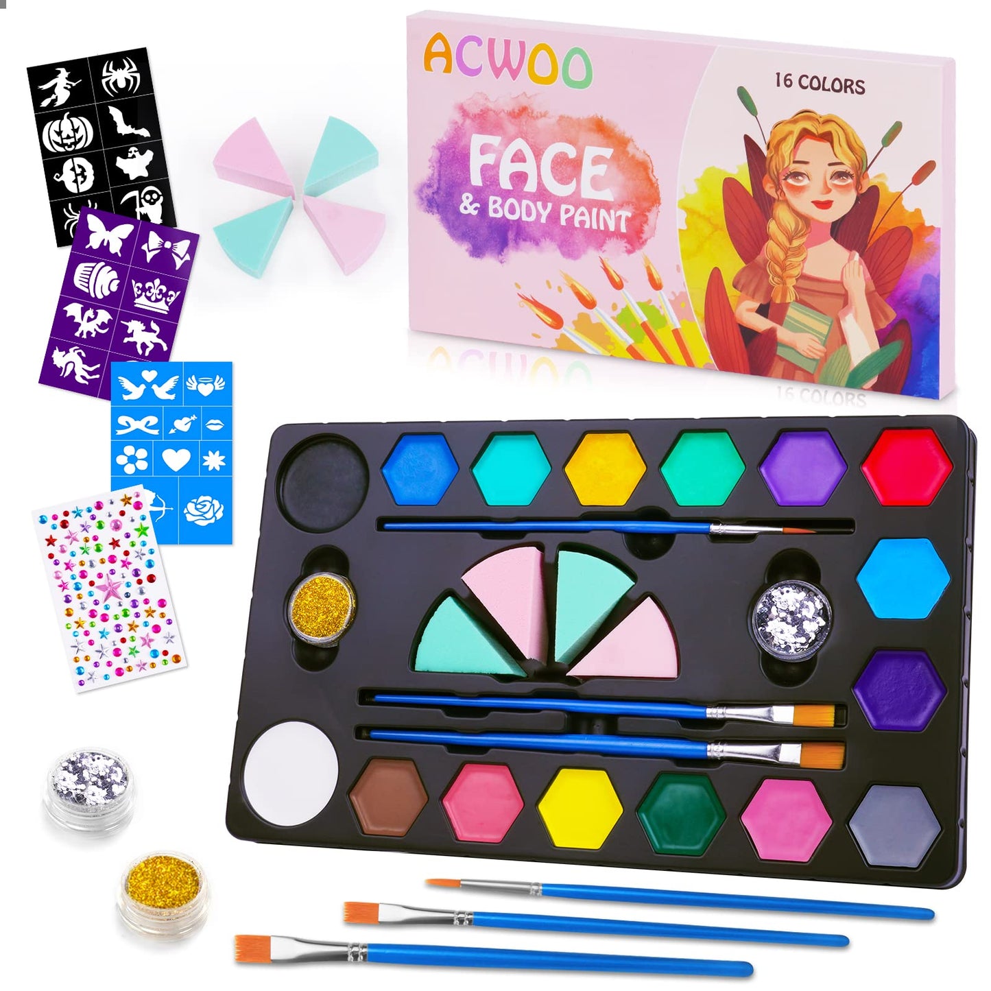 ACWOO Face Paints for Kids, 16 Colors Professional Face Body Painting Kit with 1 Gem Sheet, 2 Glitters, 3 Stencils, 3 Brushes, 4 Sponges, Water Based Face Paint for Halloween, Party, Cosplay