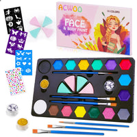ACWOO Face Paints for Kids, 16 Colors Professional Face Body Painting Kit with 1 Gem Sheet, 2 Glitters, 3 Stencils, 3 Brushes, 4 Sponges, Water Based Face Paint for Halloween, Party, Cosplay