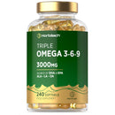 Horbäach Triple Omega 3 6 9 Capsules 3000mg ALA, LA & OA | 240 Softgels | High Strength EPA & DHA Essential Fatty Acids | Supplement with Fish Oil, Flaxseed & Sunflower Oil | by Horbaach