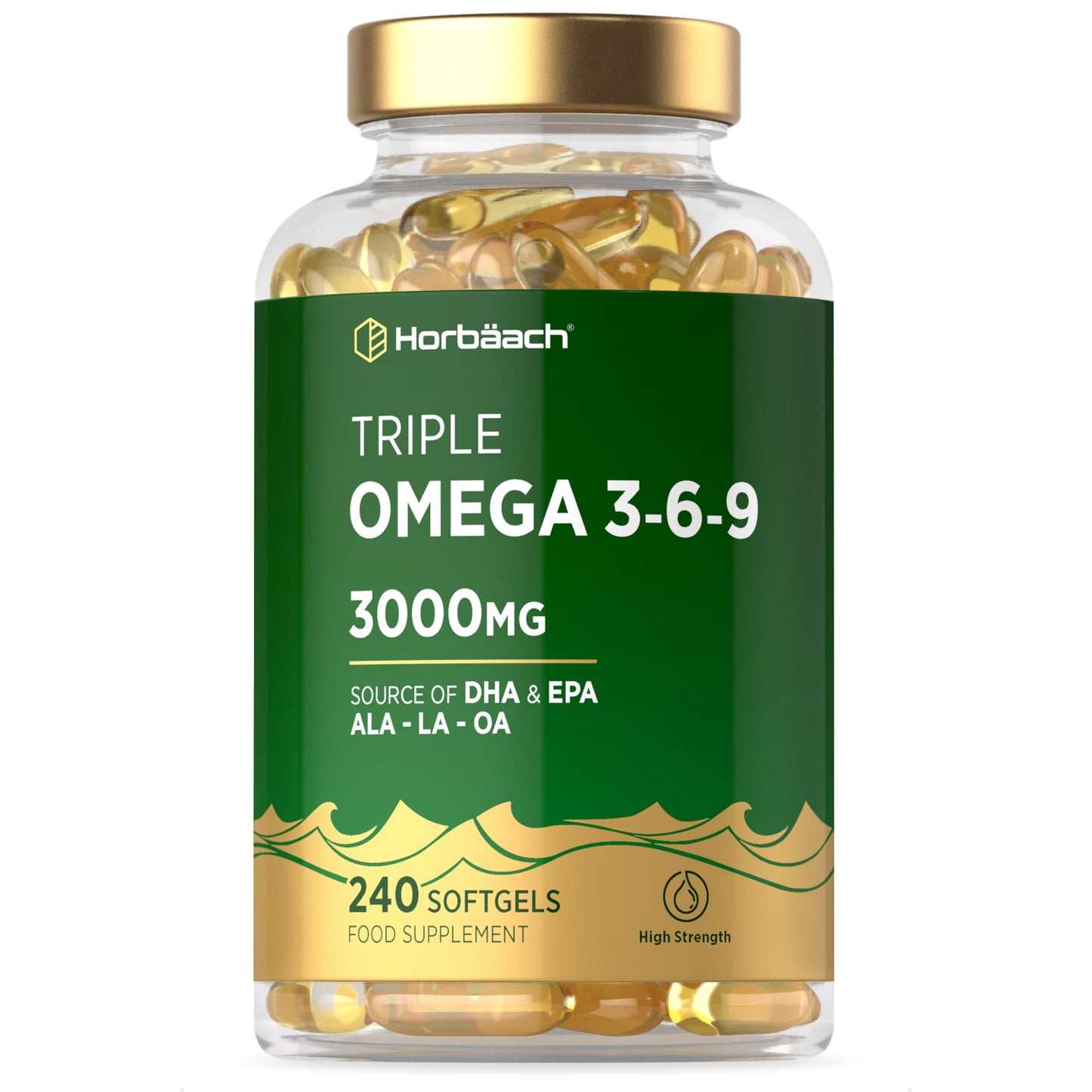 Horbäach Triple Omega 3 6 9 Capsules 3000mg ALA, LA & OA | 240 Softgels | High Strength EPA & DHA Essential Fatty Acids | Supplement with Fish Oil, Flaxseed & Sunflower Oil | by Horbaach