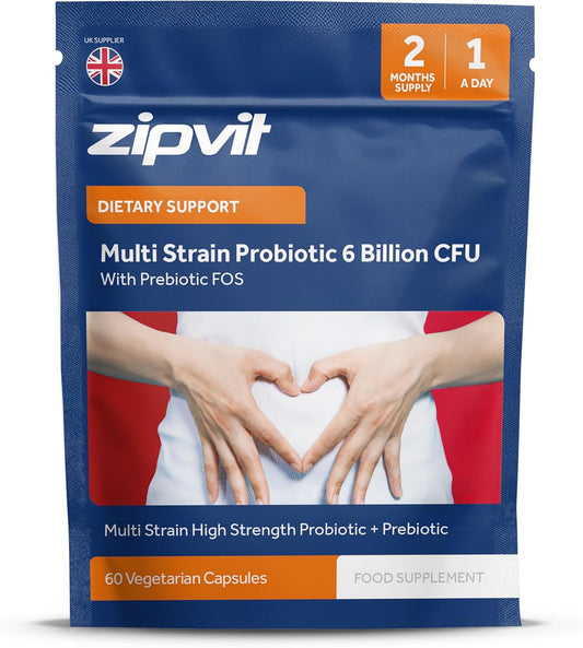 Zipvit Probiotic 6 Billion CFU with Prebiotic, 60 Vegetarian Capsules for Women & Men, 2 Month Supply