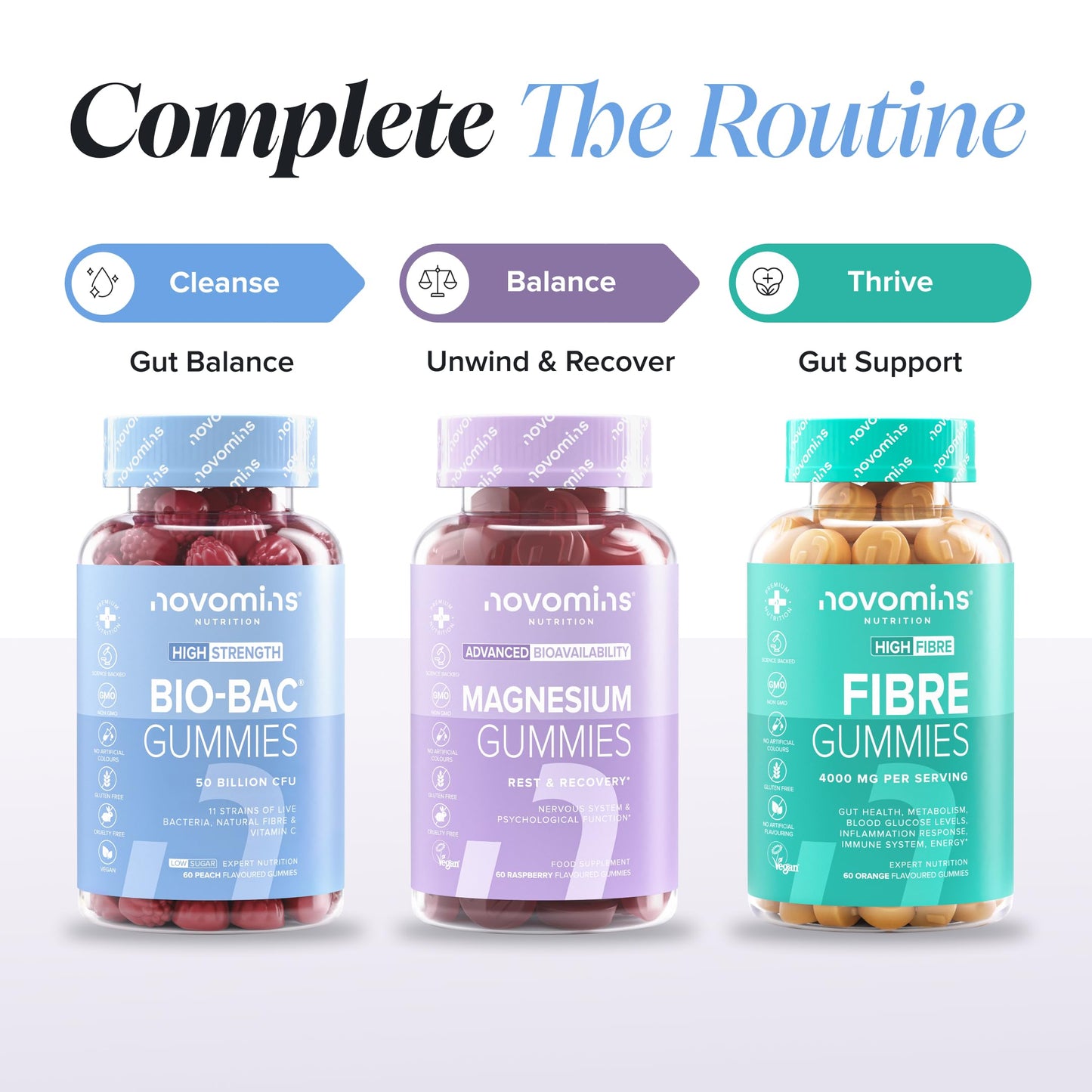 novomins Probiotic Gummies - 52 Billion CFU - 11 Bacteria Strains - 60 Gummies - Probiotics for Gut Health & Gut Flora - with Vitamin C, Calcium and Fibre - Vegan & Gluten-Free - 1 Month Supply - Novomins