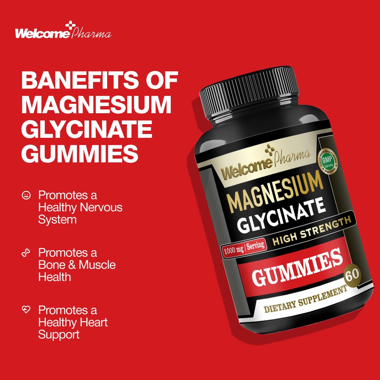 Welcome Pharma Sugar-Free Pure Magnesium Glycinate Gummies — High Strength 1000mg/Serving for Muscle Relaxation, Sleep Support & Stress Relief — Vegan, Non-GMO, Gluten-Free, Lab Tested (60 Gummies)