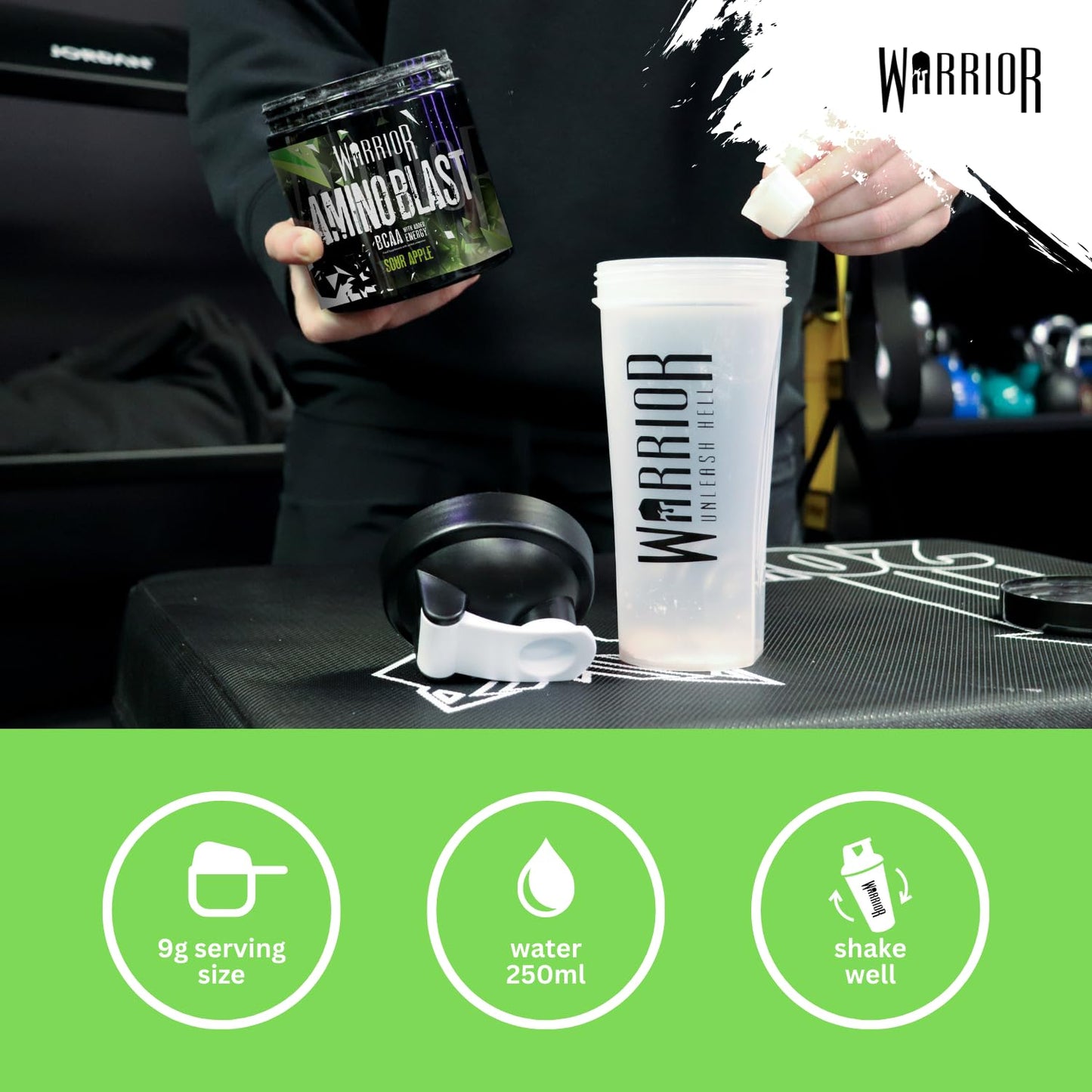 Warrior Amino Blast BCAA Powder 270g – Fruit Salad Flavour, BCAA Supplement for Muscle Recovery, Energy, Endurance, Hydration, Pre & Post Workout Nutrition - Sour Apple