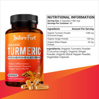 Nature Fort Organic Turmeric Capsules High Strength 1400mg with Black Pepper and Ginger – Active Curcumin Formula – 120 Veg Capsules – Organic, Vegan, and Non-GMO – Enhanced Absorption